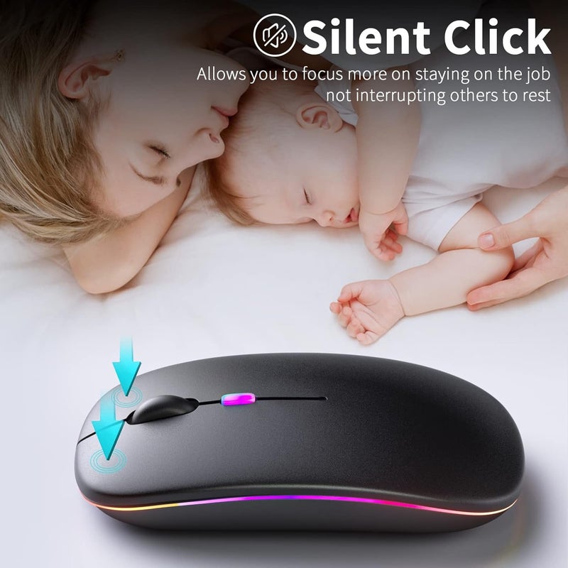 KANMABPC Wireless Bluetooth Mouse – Rechargeable, Silent, Dual Mode (Bluetooth 5.2 & USB) with LED Lights – Portable for Laptop, Desktop, & Tablet(Black) - Image 2